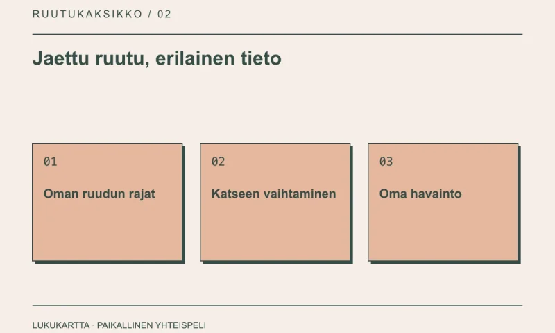 Lukukartta: Jaettu ruutu, erilainen tieto. Oman ruudun rajat, Katseen vaihtaminen, Oma havainto.