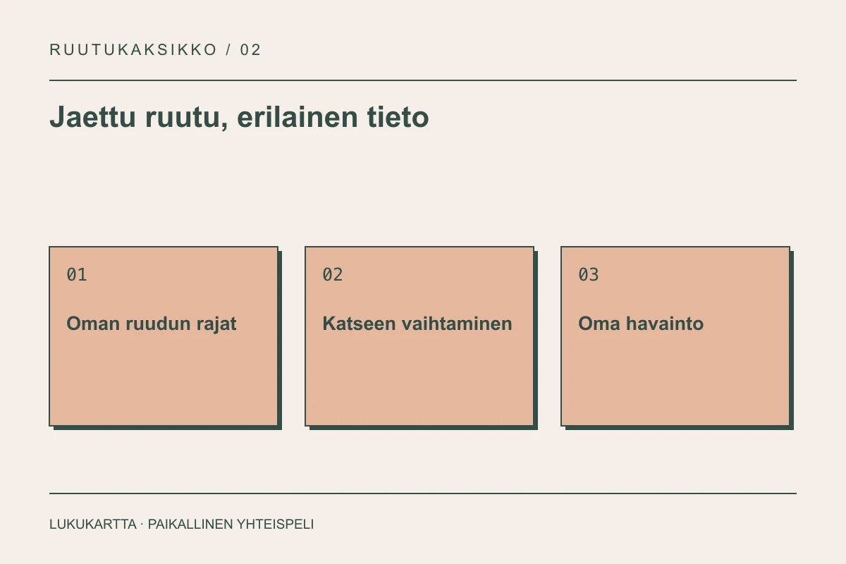 Lukukartta: Jaettu ruutu, erilainen tieto. Oman ruudun rajat, Katseen vaihtaminen, Oma havainto.