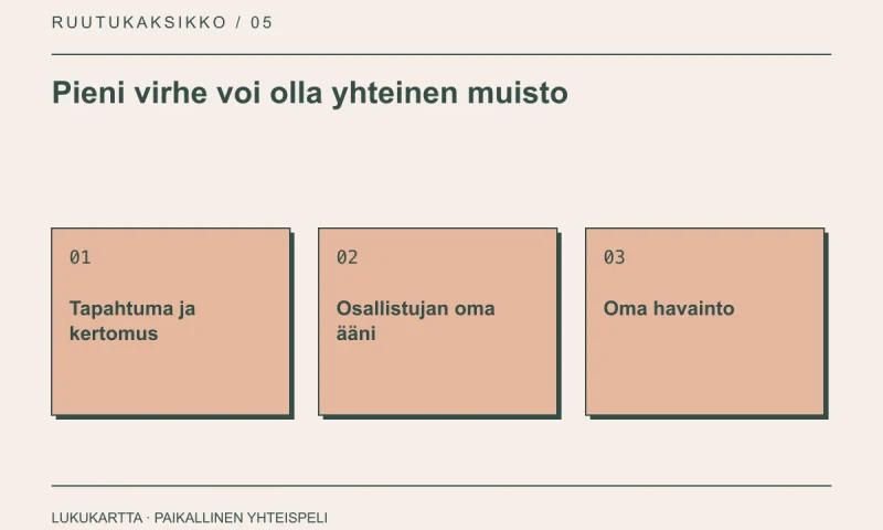 Lukukartta: Pieni virhe voi olla yhteinen muisto. Tapahtuma ja kertomus, Osallistujan oma ääni, Oma havainto.