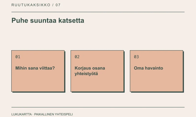 Lukukartta: Puhe suuntaa katsetta. Mihin sana viittaa?, Korjaus osana yhteistyötä, Oma havainto.