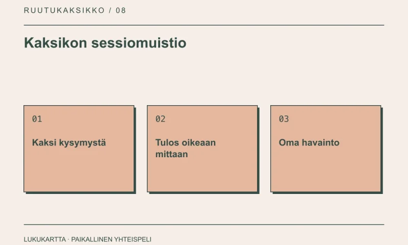 Lukukartta: Kaksikon sessiomuistio. Kaksi kysymystä, Tulos oikeaan mittaan, Oma havainto.